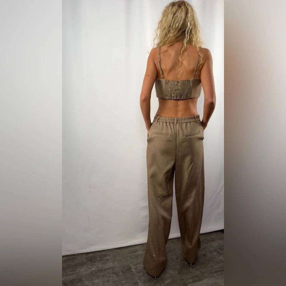 NEW House of Harlow 1960 Cropped‎ Top Wide Leg Pants Set in Brown Size Small